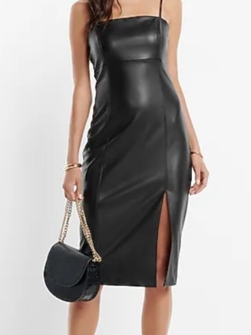 Express Black Faux-Leather Strappy Midi Dress with Front Slit